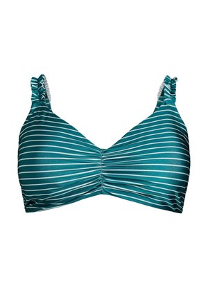 Turkusowy stanik bikini w paski z marszczeniami i regulowanymi ramiączkami. Posiada wąskie białe paski oraz gładką, błyszczącą teksturę materiału.