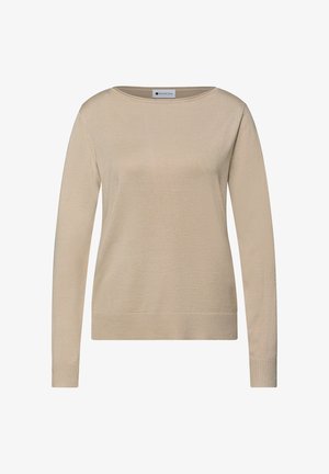 Maglione beige a maniche lunghe con scollo rotondo. Tessuto liscio, orlo e polsini a coste, design minimalista. Etichetta visibile sul collo.