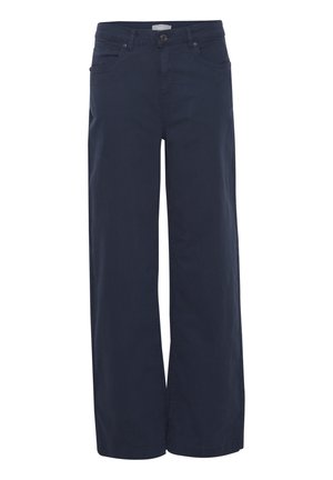 Navy blue wide-leg cotton pants with a smooth texture, featuring front pockets, belt loops, and a button closure.