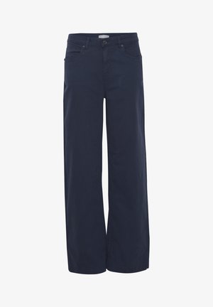 Tumesinine laiad puuvillased püksid siledast kangast, millel on eestaskud, vöökohad ja nööbiga kinnitus.