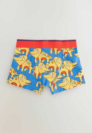 Children's boxer shorts in blue with yellow dinosaur patterns, red waistband, soft cotton fabric, and elastic construction for comfort.