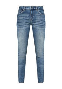 Jean slim-fit bleu en denim avec des détails délavés et un design classique à cinq poches, fermeture par bouton et fermeture éclair, présenté sur fond blanc.
