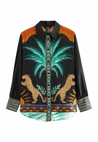 Chemise noire à manches longues ornée de motifs colorés de palmiers et de léopards, de motifs géométriques, avec des accents contrastants orange et vert.