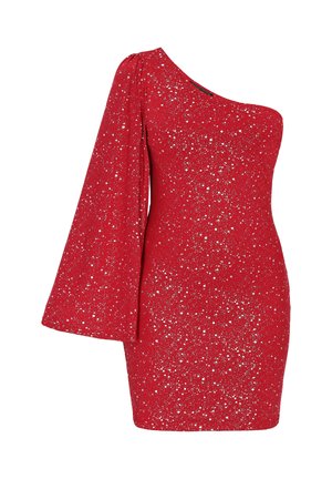 Rød one-shoulder kjole med en enkelt langærme, dekoreret med sølvfarvede paljetter, tætsiddende form og en kort kant. Blødt, tekstureret stof.