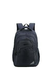 Zaino blu navy con tessuto testurizzato, spallacci doppi, manico superiore, molteplici scomparti e dettaglio accentato triangolare.