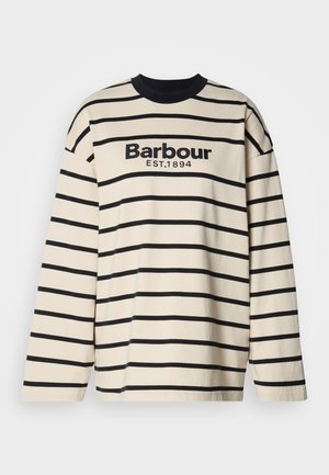 Cămașă de bumbac crem cu mânecă lungă și dungi orizontale negre. Prezintă un logo brodat "Barbour EST. 1894" pe partea din față. Decolteu clasic rotund.