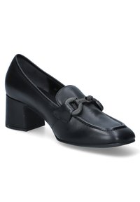 Chaussures noires en cuir à talons blocs, à bout arrondi, avec un détail décoratif de nœud et boucle sur le cou-de-pied. Texture lisse, design minimaliste.