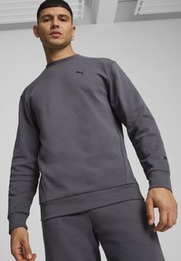 Szary sweatshirt Puma z okrągłym dekoltem, ribbowymi mankietami i dołem. Posiada małe czarne logo Puma na klatce piersiowej oraz boczną etykietę z logo.