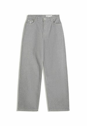 Light gray straight-leg denim jeans with five pockets, button and zipper closure, and belt loops, displayed flat on a white background.