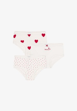 Három fehér lány alsónemű piros szívmintákkal, nagy szívekkel, apró szórt szívekkel, valamint piros masnival és logórészlettel.