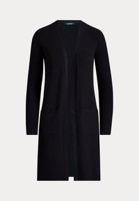 Lång svart öppen stickad cardigan med lång ärm och två framfickor, uppställd mot en enkel bakgrund.