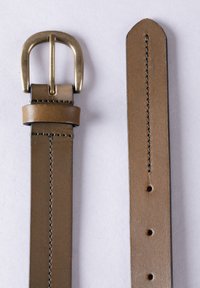 Brown leather belt with a brass buckle, featuring a smooth texture, a stitched edge, and several holes for adjustment.