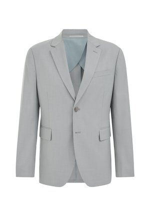 Blazer gris claro para hombre, de un solo botón, con solapas con muesca, dos bolsillos frontales con solapa, bolsillo en el pecho y cierre con un solo botón.