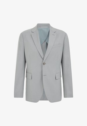 Blazer gris claro para hombre, de un solo botón, con solapas con muesca, dos bolsillos frontales con solapa, bolsillo en el pecho y cierre con un solo botón.