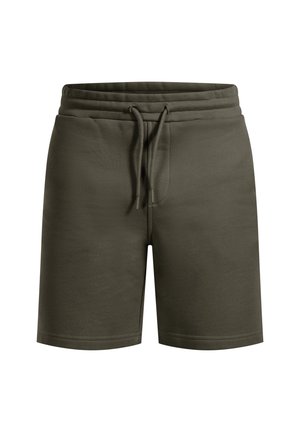 Olivgrüne Shorts aus weichem Material mit einem elastischen Bund und Kordelzug. Bieten einen lässigen Schnitt und Seitentaschen.