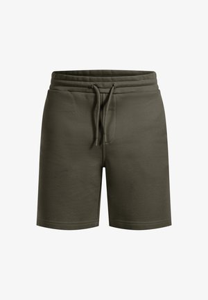 Shorts vert olive en tissu doux avec une taille élastique et un cordon de serrage. Présentent une coupe décontractée et des poches latérales.