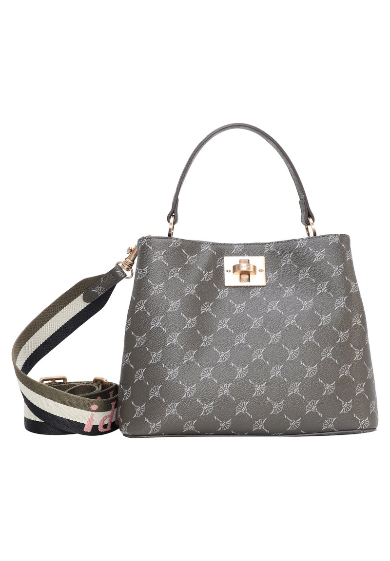 Grau gemusterte Handtasche mit strukturiertem Design, Tragegriff oben und abnehmbarem Schulterriemen mit grünen, schwarzen und pinken Akzenten. Goldene Beschläge.