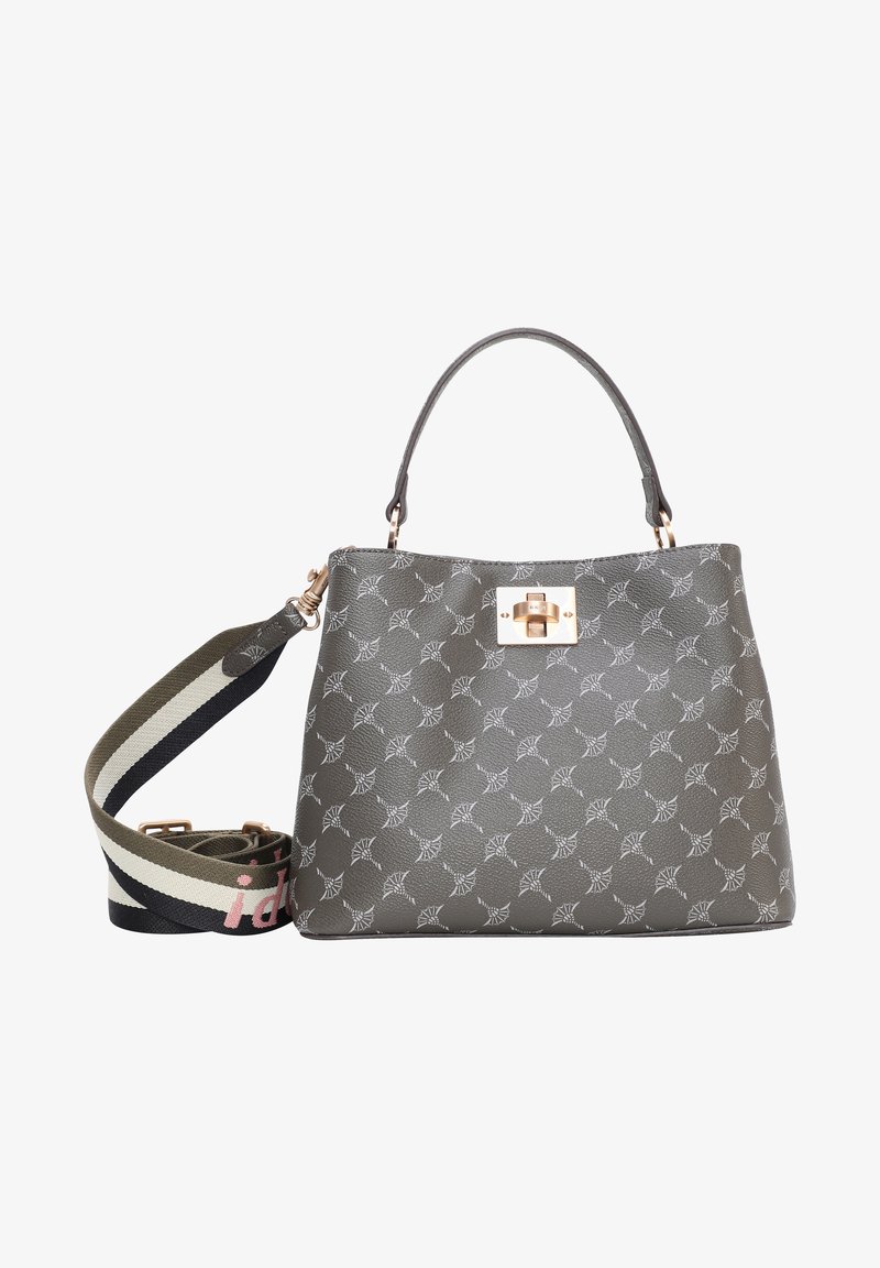 Grau gemusterte Handtasche mit strukturiertem Design, Tragegriff oben und abnehmbarem Schulterriemen mit grünen, schwarzen und pinken Akzenten. Goldene Beschläge.