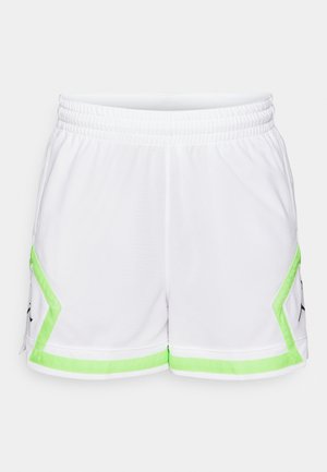 Fehér sportnadrág textúrált felülettel, neon zöld részletekkel és fekete logóval az oldalán. Rugalmas derékpánt a kényelemért.