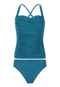 Teal-gepatroniseerd tankini-set met een aansluitend top met kruisende spaghettibandjes en bijpassende bikini-broekjes. Zachte, rekbare stof.