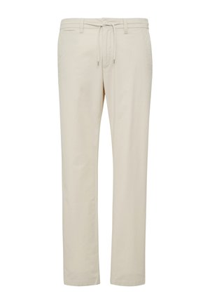 Jasno beżowe spodnie o prostym kroju, z elastycznym pasem ze sznurkiem i bocznymi kieszeniami. Wykonane z miękkiego, oddychającego materiału o gładkiej fakturze.