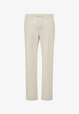 Jasno beżowe spodnie o prostym kroju, z elastycznym pasem ze sznurkiem i bocznymi kieszeniami. Wykonane z miękkiego, oddychającego materiału o gładkiej fakturze.