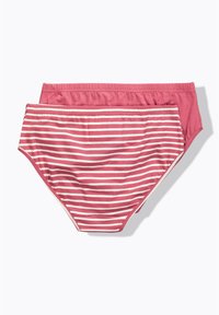 Two pairs of women's underwear featuring a solid pink pair and a pink pair with white stripes, both made from soft, stretchy fabric.