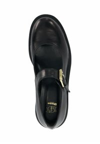 Black leather Mary Jane shoe with rounded toe, adjustable strap featuring a gold buckle, smooth texture, and subtle brand logo on the insole.