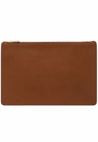 Portefeuille en cuir marron avec une texture lisse, de forme rectangulaire, fermeture éclair sur le haut et bords nets. Aucuns accents de matériel visibles.