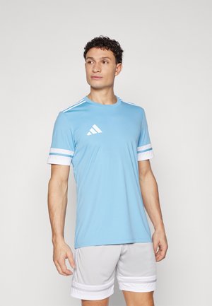 Light blue athletic t-shirt with white accents on sleeves, featuring three white stripes on shoulders and a logo on the chest.