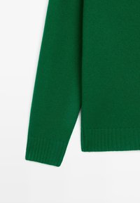 Manche longue d'un pull vert en tricot avec poignets et ourlet côtelés sur fond blanc.