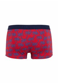 Red men's boxer briefs with blue palm tree patterns and a navy waistband branded with "Gallo."