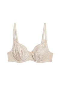 Soutien-gorge beige avec armatures, détails en dentelle et à pois, doté de bonnets rembourrés, de bretelles réglables et d'une finition lisse.