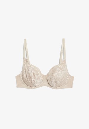 Beige Unterbrust-BH mit Spitze und gepunktetem Detail, ausgestattet mit gepolsterten Cups, verstellbaren Trägern und einer glatten Oberfläche.