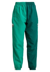Gröna träningsbyxor med elastisk midja, sidofickor och kontrasterande mörkare gröna sektioner. Har avsmalnande muddar och logotypdetaljer.
