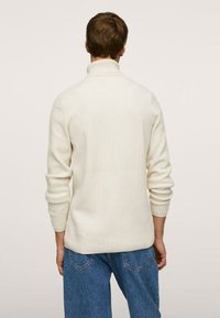 Ecrufarbenes, geripptes Strickpullover mit hohem Kragen und langen Ärmeln, kombiniert mit hellblauen Jeans, Rückansicht.