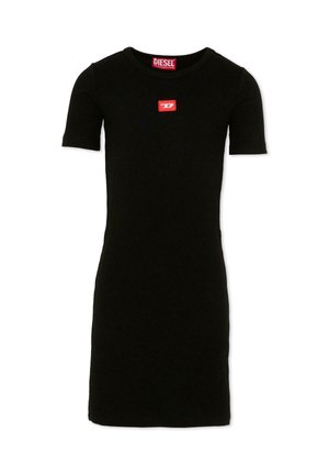 Czarna krótka sukienka z prążkowanego dzianiny z krótkim rękawem, okrągłym dekoltem, dopasowanym fasonem i małą czerwoną naszywką z logo Diesel na piersi.