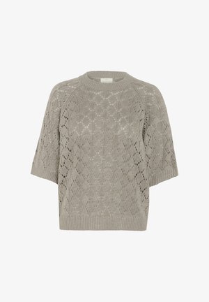 Pull court en tricot gris clair à manches courtes avec une coupe loose, présentant un motif en dentelle en forme de diamant et des finitions côtelées au col et à l'ourlet.