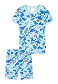 Set di pigiama in cotone azzurro chiaro con maniche corte e motivo pesce in blu, verde e arancione. Comprende una maglietta e pantaloni corti.