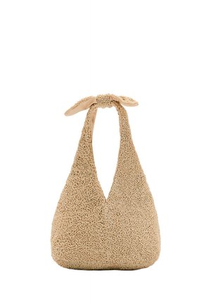 Beige textured handbag with a knotted handle and rounded triangular shape displayed on a white background.