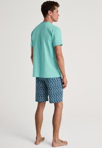 T-shirt verde menta con taglio classico abbinata a pantaloni corti blu navy con un motivo ondulato bianco. Tessuto di cotone, design informale, pantaloni corti alla caviglia.