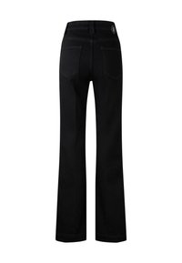 Černé zvonové džíny s vysokým pasem, pěti kapsami a značkovým štítkem vzadu. Vyrobené z denimu s hladkou strukturou a čistým provedením.