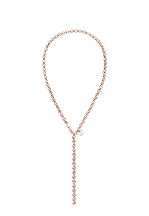 Ketting van roségoud met ronde, verbonden kralen en een hangende verlengketting met een kleine ronde bedel.