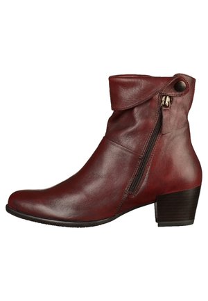 Dunkelroter Leder-Stiefelette für Damen mit niedrigem Blockabsatz, seitlichem Reißverschluss und umgeschlagenem Umschlag, der mit einem Knopf gesichert ist.