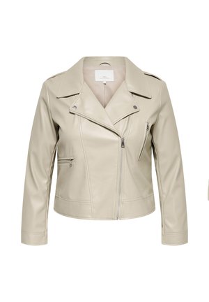 Beige Bikerjacke aus Kunstleder mit asymmetrischem Reißverschluss, Kragenaufschlägen, Reißverschlusstaschen und langen Ärmeln.