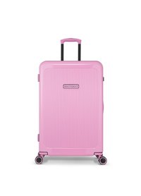 Roze hard-shell koffer met een ribbelontwerp, uitschuifbare handgreep, vier multidirectionele wielen en een merklabel.