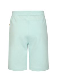 Błękitno-miętowe bawełniane szorty z elastycznym pasem, gładką fakturą i prostym krojem. Z przylegającą metką po lewej stronie.