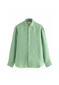 Chemise en lin vert clair à manches longues, avec un col et des boutons blancs sur le devant ; présente un motif texturé subtil.