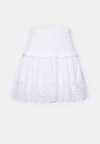 Witte katoenen rok met een gerimpelde taille. Heeft een gelaagd ontwerp met geborduurde bloemvormige uitsneden langs de zoom en een gerimpelde rand.