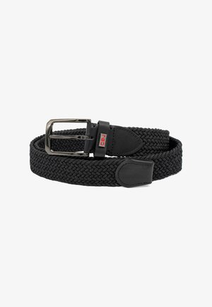 Black woven fabric belt with black leather ends and a silver metal buckle, rolled up with a red and white logo on the leather loop.